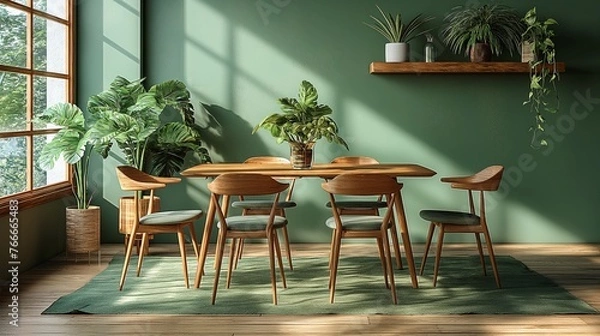 Fototapeta Bright, airy Scandinavian dining area showcasing a mid-century wooden table and chairs, complemented by a fresh green wall and natural light. Design concept. Home concept. Real estate concept. House