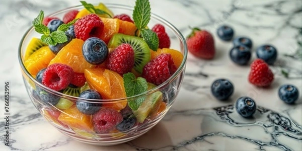 Fototapeta  glass bowl filled with assorted fruits such as kiwi, oranges, raspberries, and blueberries.