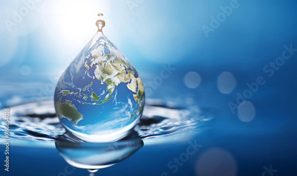 Fototapeta A globe in the shape of a drop of water falling on blue sea background. Water drop earth globe environmental concept. water drop with a globe inside. World Water Day , World water day.