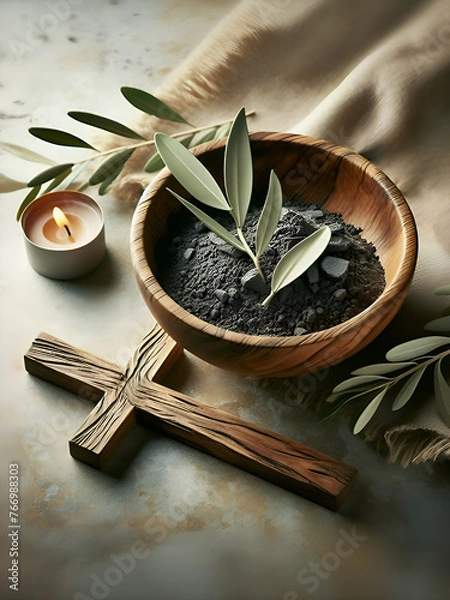 Fototapeta Wooden cross and olive branch with bowl of ashes and candle on a table, christian background