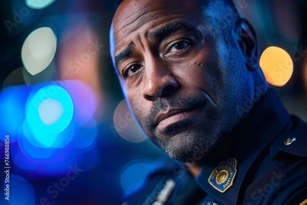 Fototapeta Close-up of a police badge with blurred lights in the background