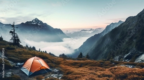 Fototapeta Nature landscape with fog, comfortable backpacking and camping scenery