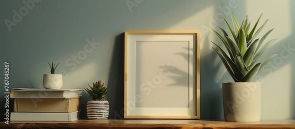 Fototapeta A simple home interior featuring a mock-up photo frame, books, a plant in an elegant pot, and stylishly designed tillandsia pots on a brown wooden table,