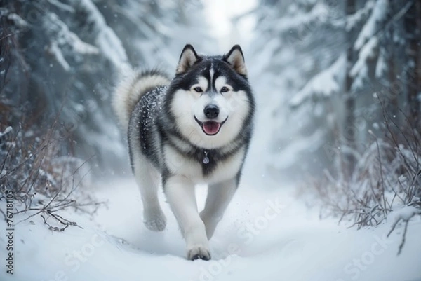 Fototapeta Alaskan Malamute running through a snowy forest, emphasizing speed and grace