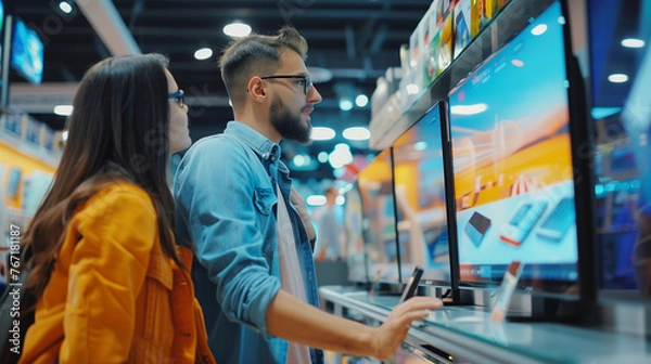 Fototapeta "Electronics Purchase Consultation"
A young couple thoughtfully compares products on a vibrant electronic display in a modern store, symbolizing informed consumer decisions.