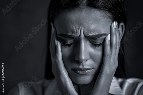 Fototapeta girl holding her head in pain with her hands, wrinkles on her forehead, migraine, black and white frame, monochrome