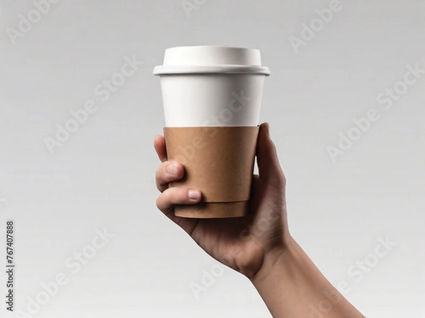 Fototapeta Hand holding paper coffee cup for mockup isolated background