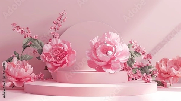 Fototapeta 3D pastel podium view pink flower background. Peony blossom falls to the bottom. Natural minimal base for beauty, presentation of cosmetic products. Valentine, feminine copy space