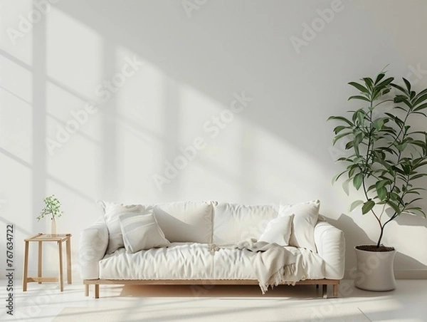 Fototapeta Living Room With White Couch and Potted Plant