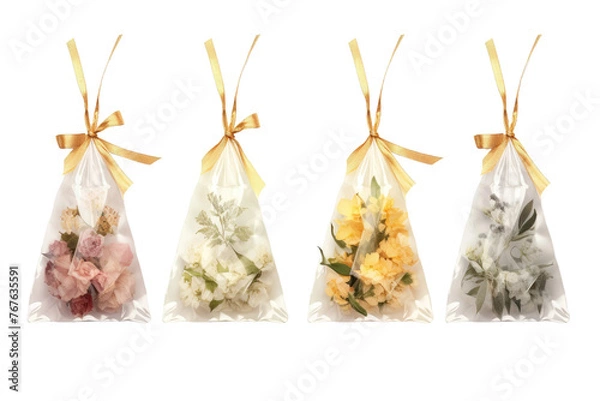 Fototapeta Blooming Beauty Trio: Three Bags Overflowing With Fresh Flowers. On White or PNG Transparent Background.