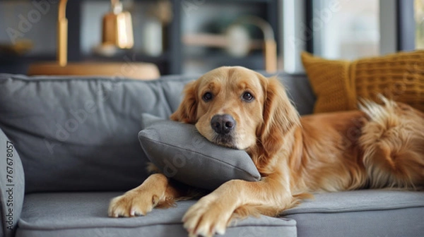 Fototapeta golden retriever dog on sofa