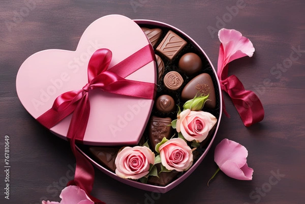 Fototapeta Luxury valentine chocolates in heart shaped gift box and tender flowers with copy space