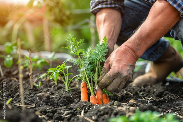 Fototapeta Close-up of a farmer's hand pulling fresh organic carrots from the ground