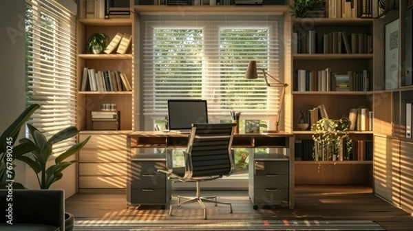 Fototapeta A modern style home office with a desk, laptop and books on a shelf behind it. White window blinds outside the window, a light wood bookcase next to the computer desk, a comfortable office chair