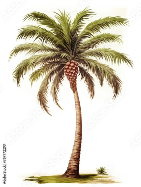 Fototapeta Tropical single palm tree, green silhouette isolated on white background