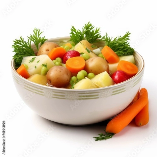 Fototapeta A bowl of freshly made vegetable soup with a variety of vegetables including potatoes, carrots, onions, and celery, isolated on white background