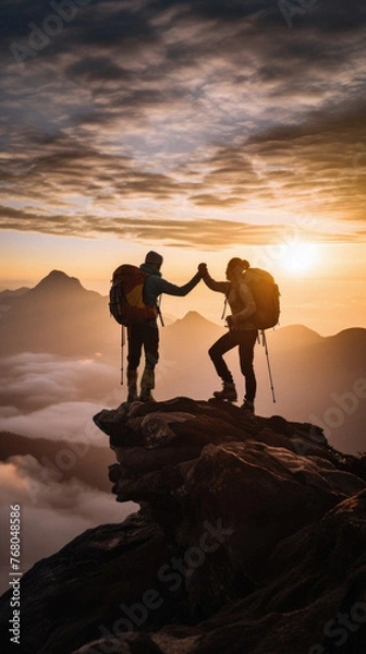 Fototapeta Silhouette of a couple with backpacks standing on top of a mountain and holding hands