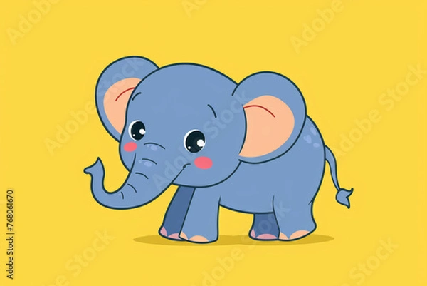 Fototapeta Cute standing blue baby elephant on a yellow background.