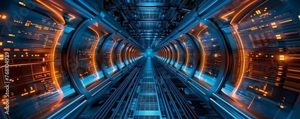 Fototapeta Telecommunications Tunnel in Electrical Engineering Style, To illustrate the future of science and technology in a vibrant and connected way