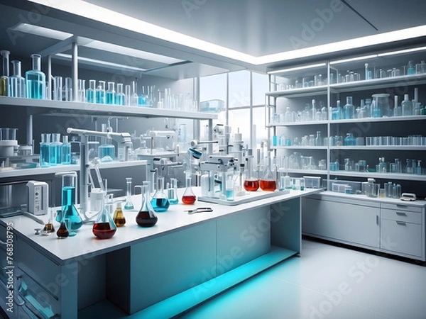 Fototapeta Medical, pharmaceutical research concept showcasing an impeccably arranged scene of laboratory instruments, pharmaceutical compounds, and scientific breakthrough design.