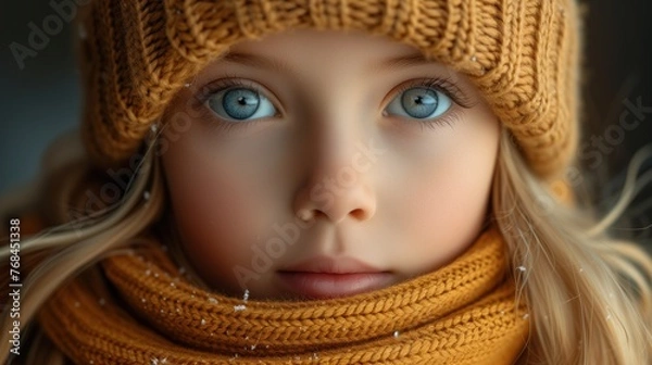 Fototapeta portrait of a cute child girl, in a knitted hat and scarf