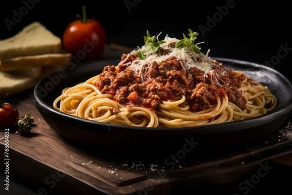 Fototapeta Refined spaghetti bolognese on a wooden board against a black slate background