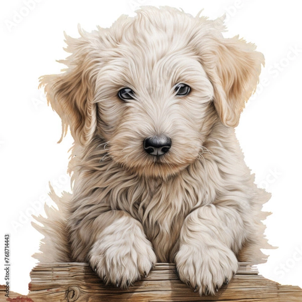 Fototapeta cute puppy hold on wooden crate 