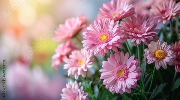 Fototapeta  A sharp focus on a cluster of pink blossoms against a hazy backdrop featuring the flowers