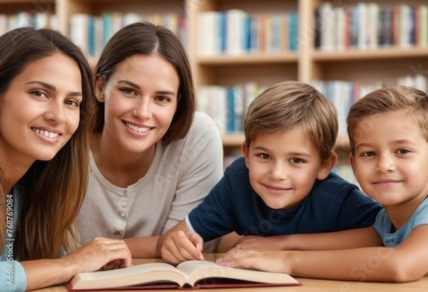 Fototapeta A family group with children reading a book together, suggesting learning and family bonding time.