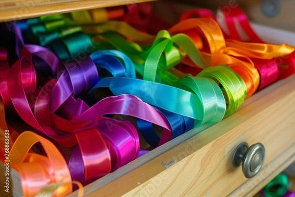 Fototapeta rainbow of ribbons coiled in sewing drawer