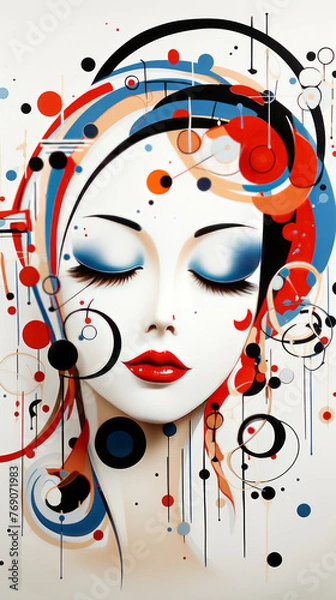 Fototapeta Keywords: abstract, female portrait, geometric, illustration, vector, modern art, red, blue, circles, lines, contemporary, face, makeup, closed eyes, decorative art, art print, digital art, white back