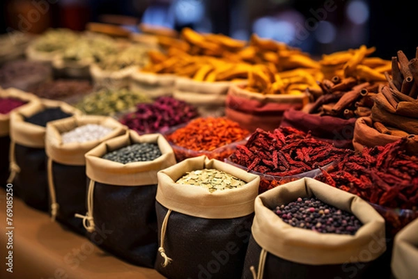 Fototapeta Various bright spices in bags in rows. Selective focus