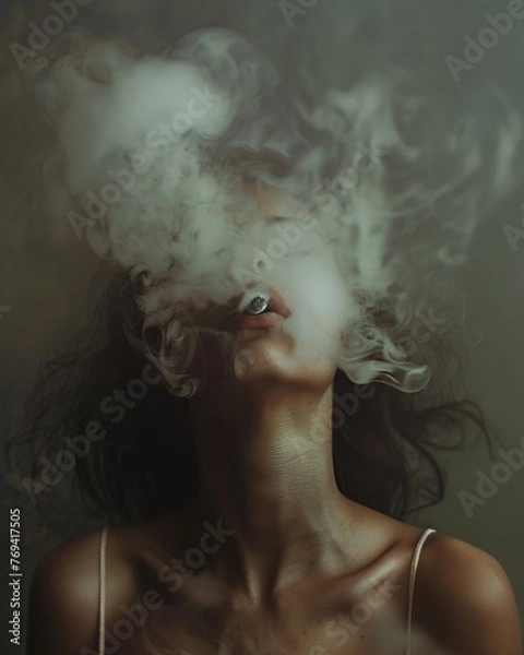 Fototapeta Portrait of a beautiful young woman smoking on a dark background