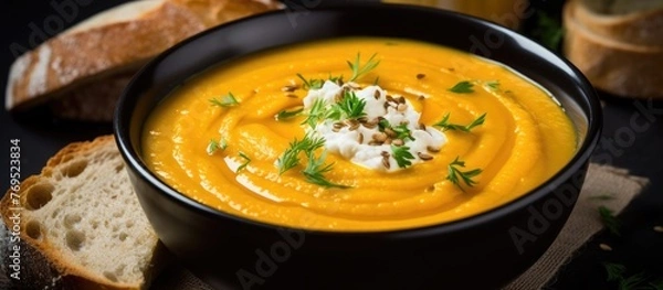 Fototapeta A bowl of Ezogelin soup topped with fines herbes, served with a warm piece of bread. A comforting and flavorful potage perfect for a cozy meal