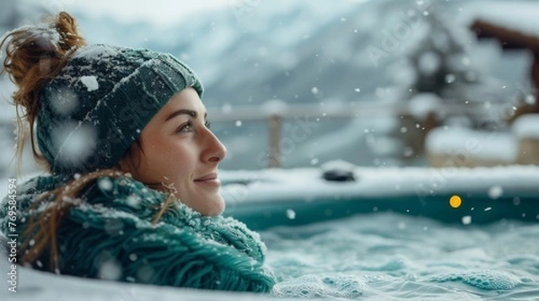 Obraz Woman relaxing in a hot tub surrounded by snowcovered ground with majestic mountains in the background