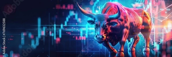 Fototapeta bull on a vibrant background with cryptocurrency trading charts and data bullish trend Financial investing stock market