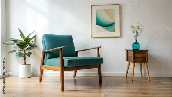 Fototapeta Mid Century Modern Living Room, Wooden Chair with Teal Cushion Against White Wall with Art Poster Frame