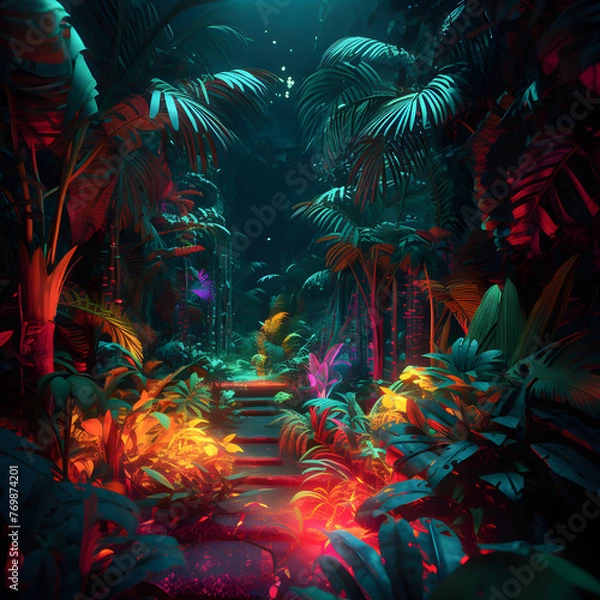 Fototapeta Indoor Jungle with neon colors such as fluorescence V3