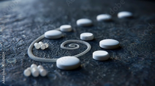 Fototapeta An elegant, minimalist composition featuring a series of small, round, white homeopathic pills arranged in a spiral pattern on a dark, matte surface.