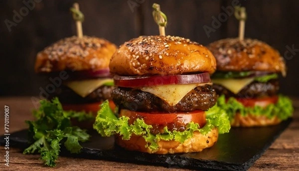 Obraz Close-up of home made tasty burgers on wooden table.