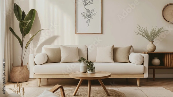 Fototapeta Round wooden coffee table with white sofa. Scandinavian interior design for a modern living room