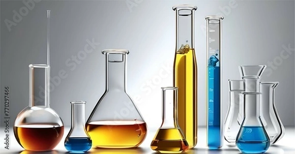 Fototapeta Laboratory glassware with different types of oil on white table.