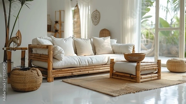 Fototapeta Modern Bamboo Sofa in a Bright Living Room Setting