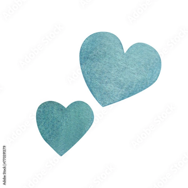 Fototapeta Watercolor illustration of cute blue cartoon hearts. For decorating cards and invitations