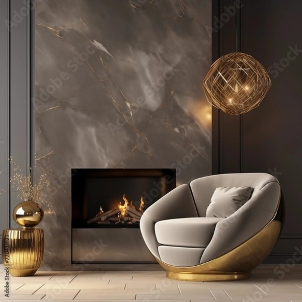 Fototapeta modern living room gold with fireplace