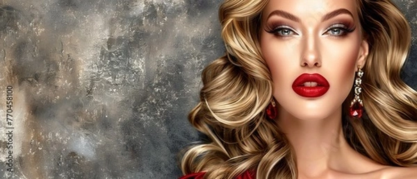 Fototapeta   Digital painting of a woman in red dress with long blonde hair and red earrings