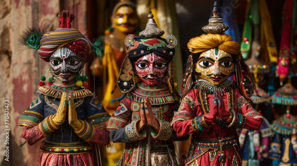 Fototapeta Set of traditional Rajasthani puppets dressed in colorful Indian attire