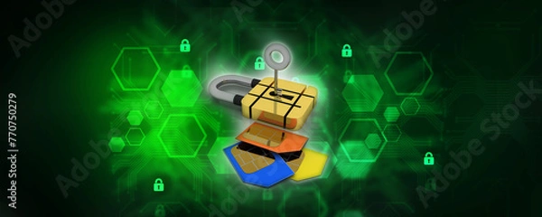 Fototapeta 3d render Sim card with padlock
