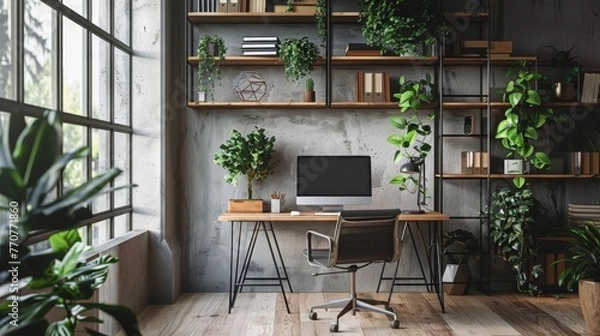 Obraz A modern office with a large window and a desk with a computer and a chair