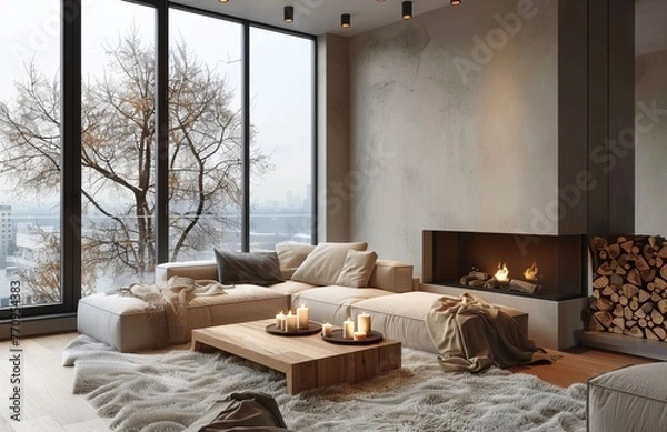 Fototapeta Modern living room with a large window, light grey walls and a wooden fireplace